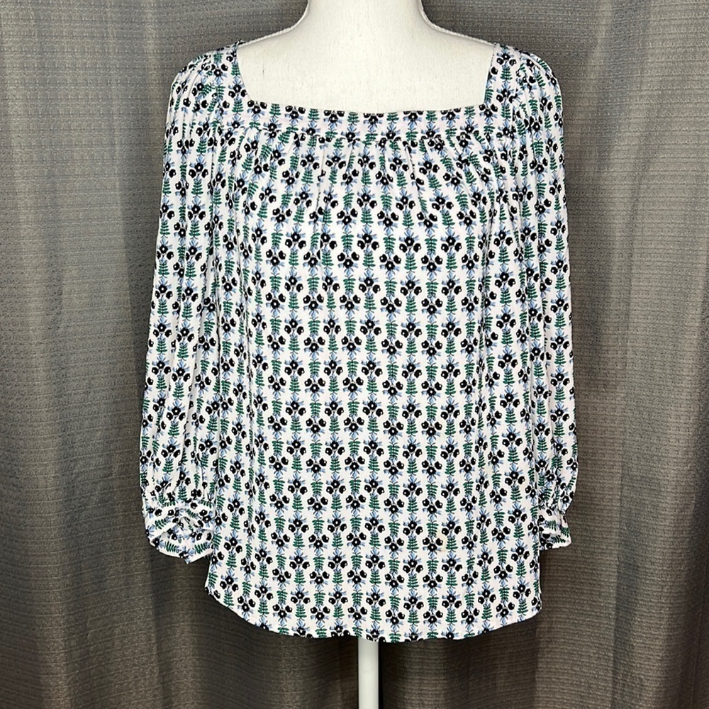 ANN TAYLOR PETITE XXSP WHITE WITH BLUE FLOWERS SQUARE NECK 3/4 SLEEVE BLOUSE
